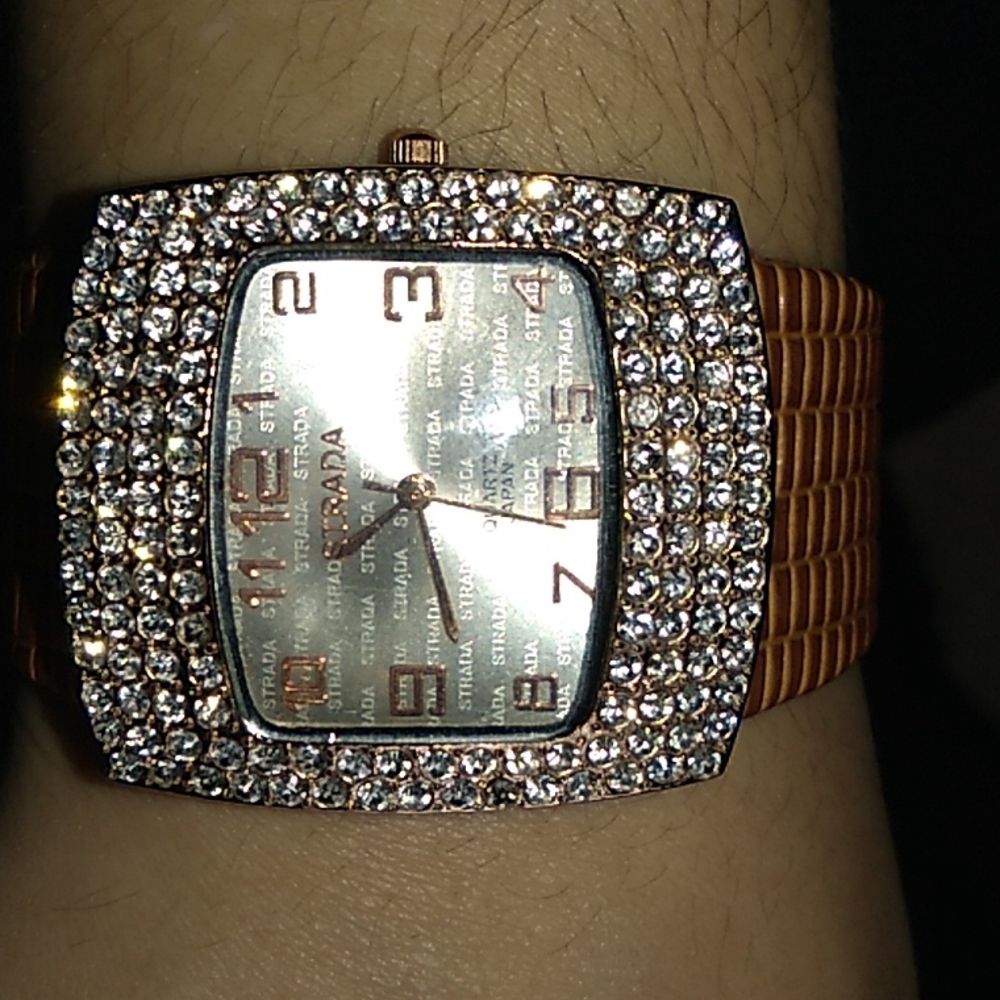 Strada leather band rose gold rhinestone watch